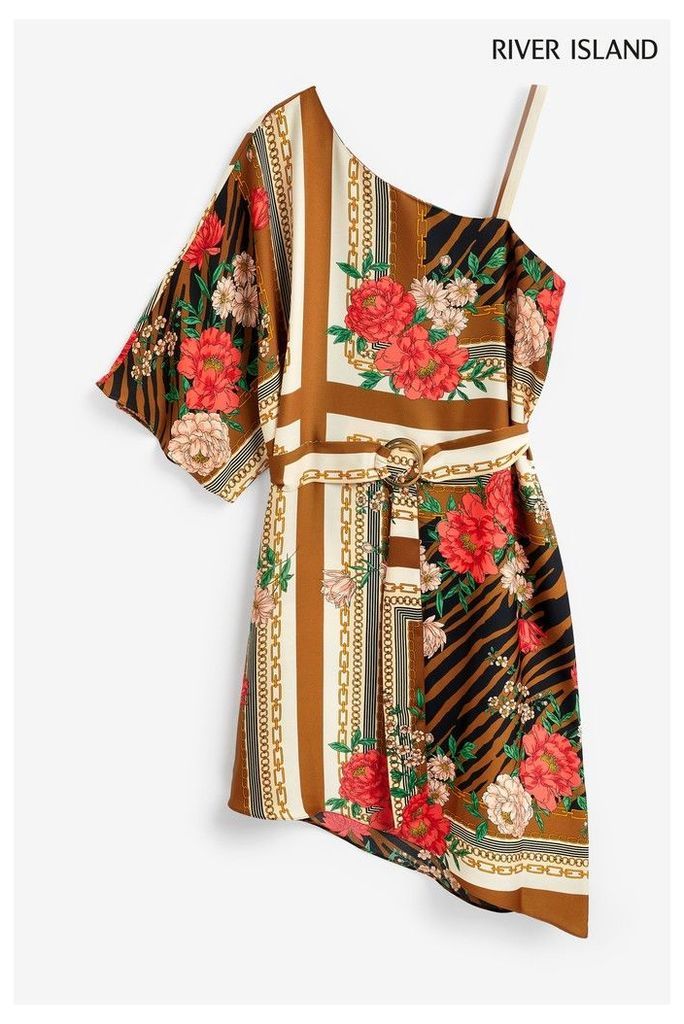 Womens River Island Brown Scarf One Shoulder Kimono Midi Swing Dress -  Brown