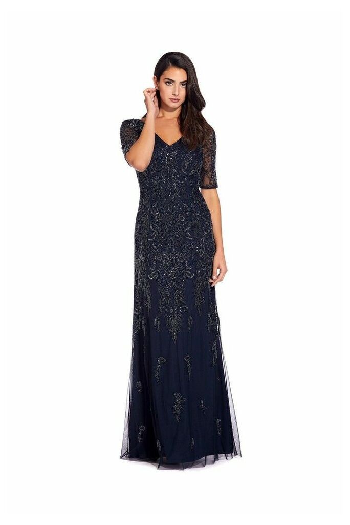 Womens Adrianna Papell Blue V-Neck Beaded Gown -  Blue