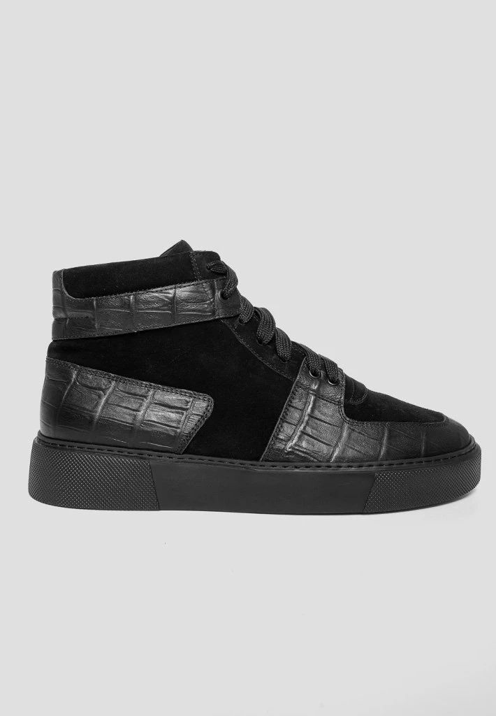 Croc Embossed Leather & Suede High Top Trainer - Black