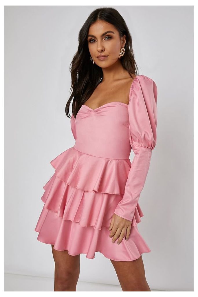 Pink dresses - rose pink puff sleeve tiered mini dress