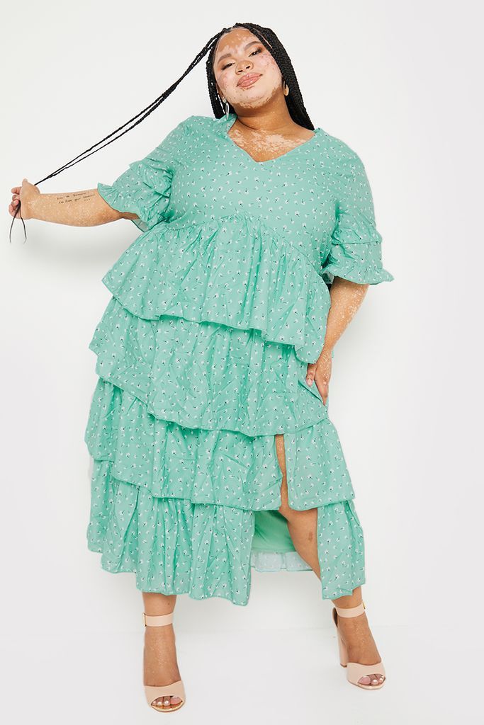 Green Dresses - Plus Size Stacey Solomon Sage Green Floral Split Frill Midi Dress