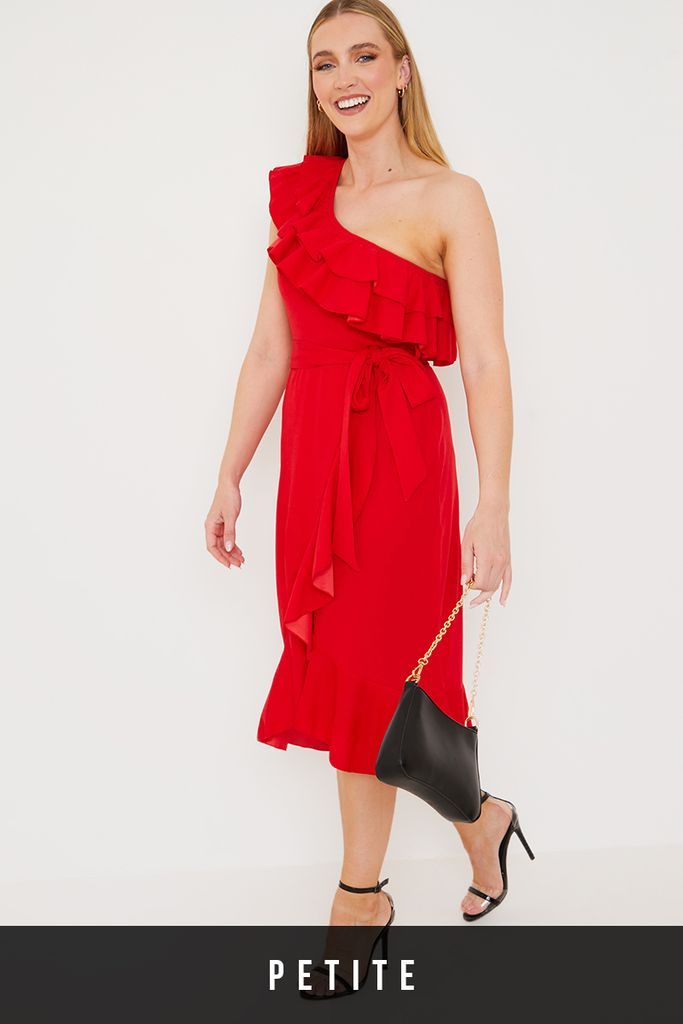 Red Dresses - Petite Jac Jossa Red One Shoulder Frill Detail Midi Dress