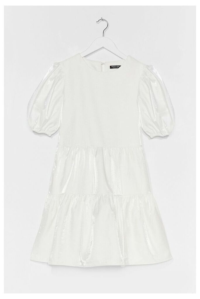 Womens Puff Sleeve Shimmer Mini Smock Dress - White - 14, White