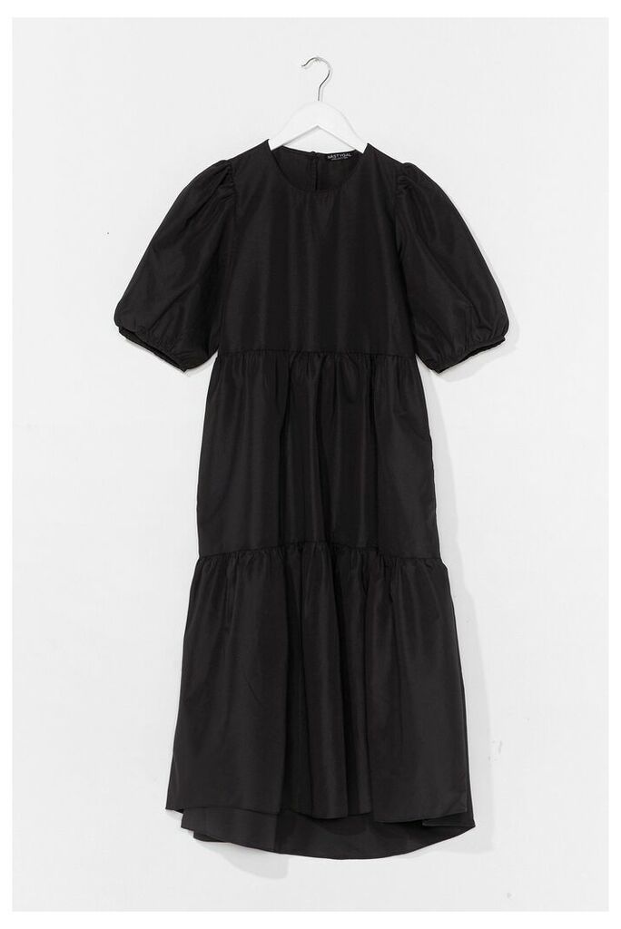 Womens Puff Sleeve Crew Neck Tiered Midi Dress - Black - L, Black