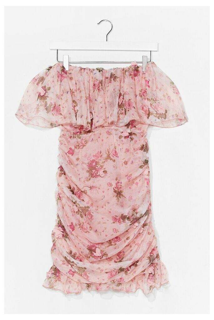 Womens Floral Ruched Ruffle Midi Dress - Pink - L, Pink