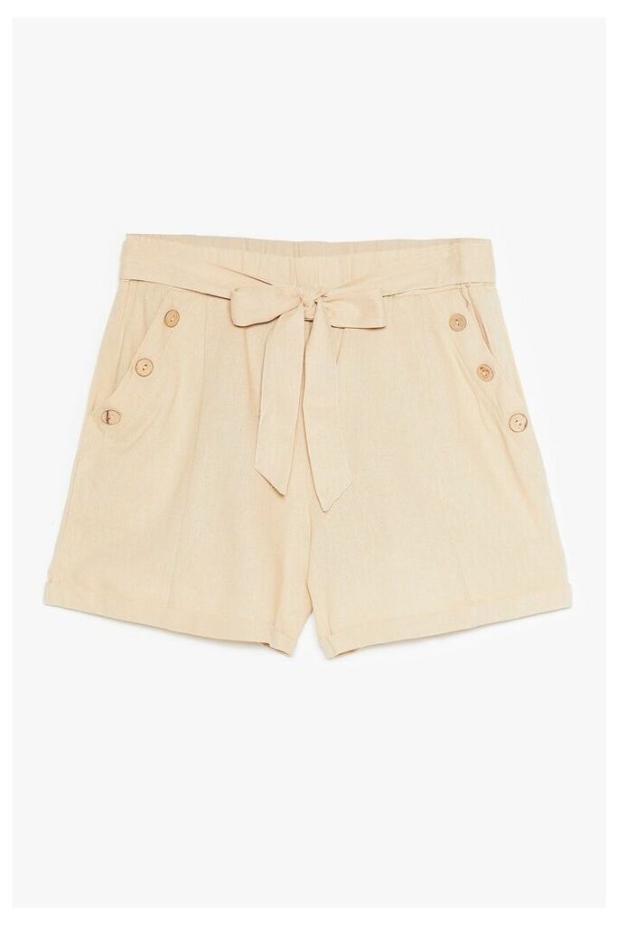 Womens Belted High Waisted Button Shorts - Beige - L, Beige