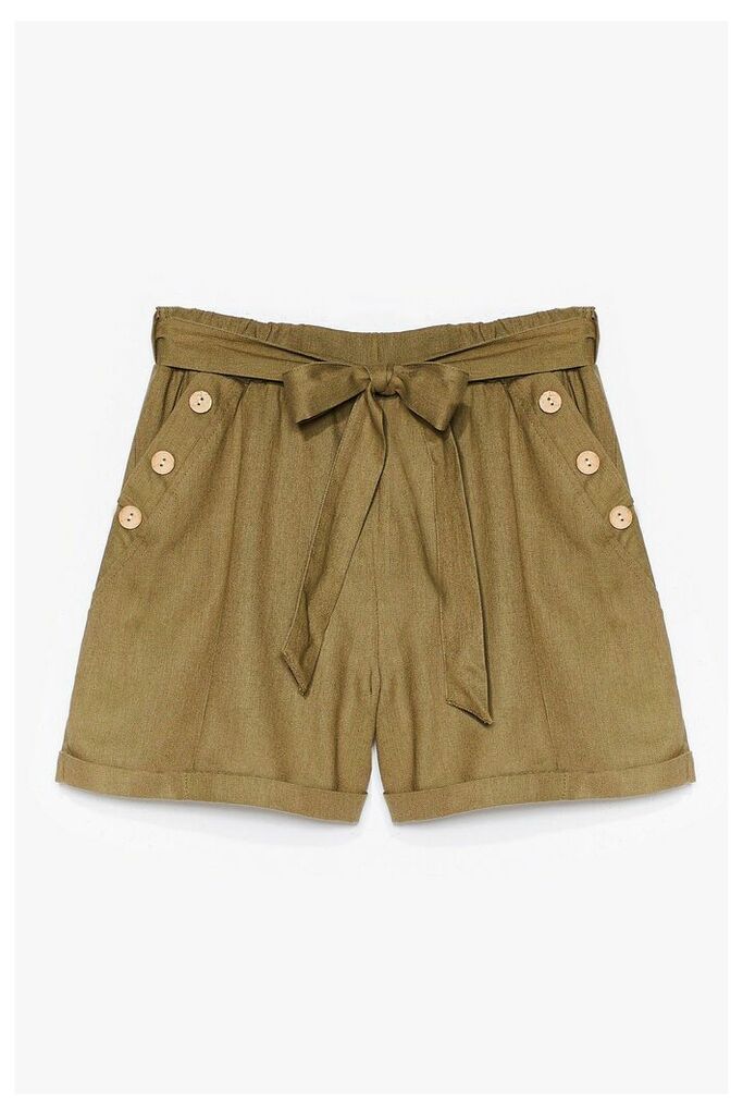 Womens Belted High Waisted Button Shorts - Green - L, Green