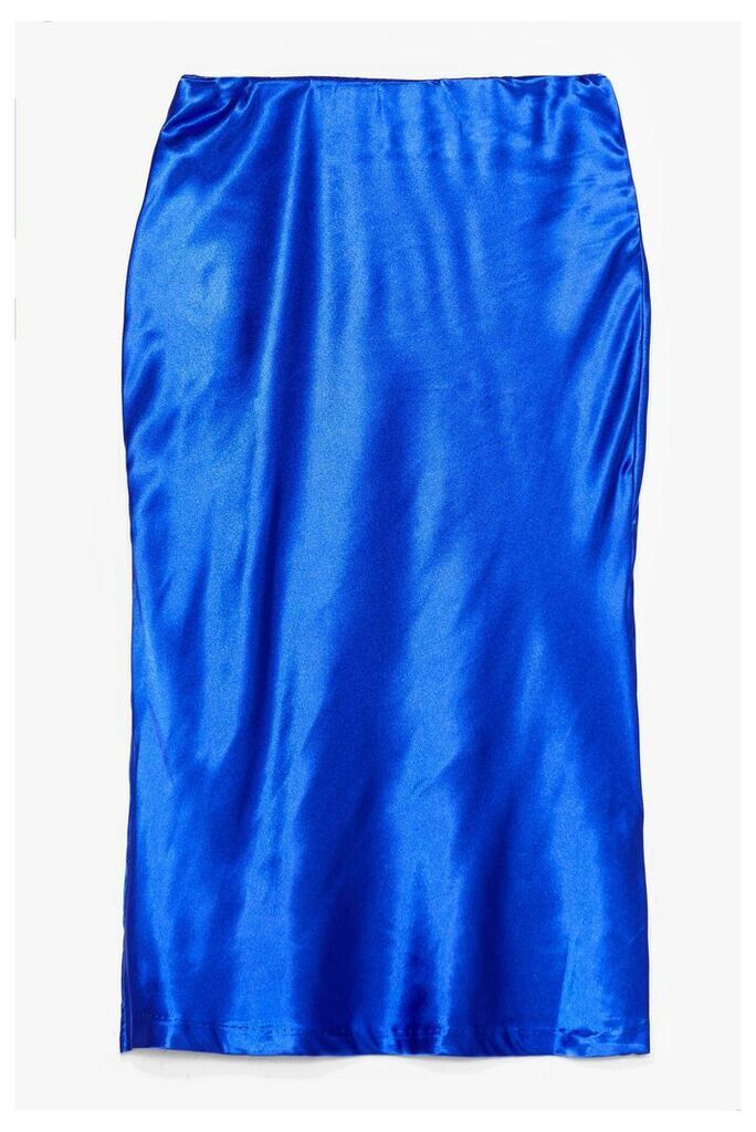 Womens Sleek Satin Slit Midi Skirt - Blue - 10, Blue