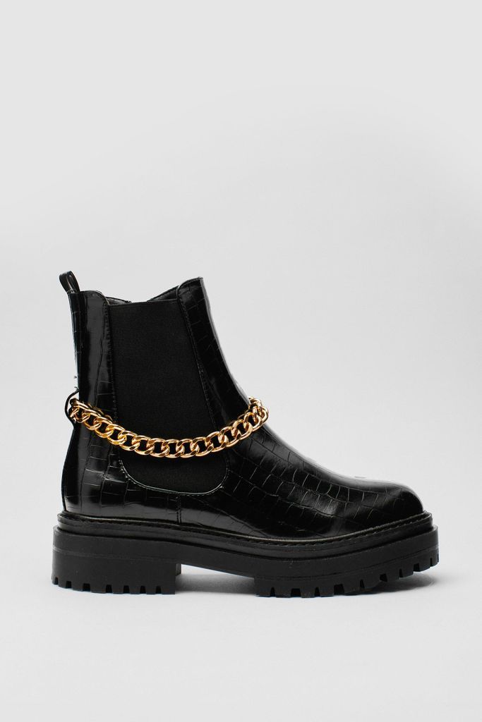 Womens Chain Croc Embossed Chelsea Boots - Black - 5, Black
