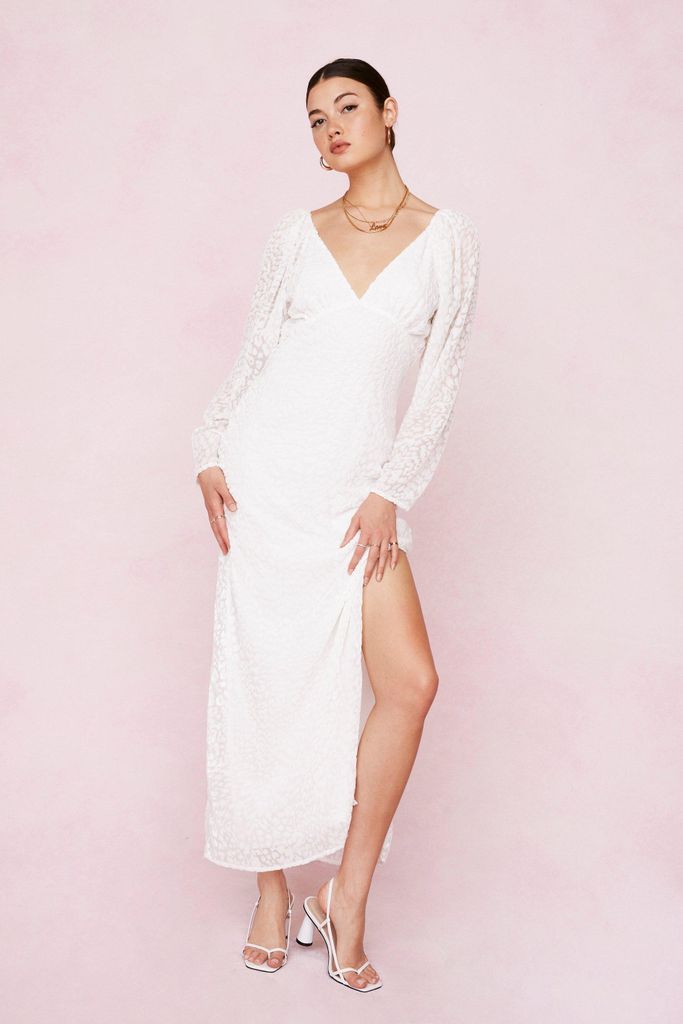 Womens Bridal Leopard Devore Split Hem Maxi Dress - White - 4, White