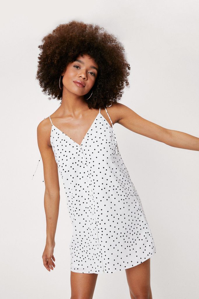 Womens Button Down Spotty Print Cami Dress - White - 12, White