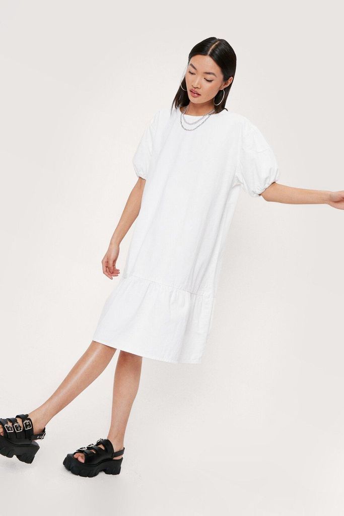 Womens Denim Midi Puff Sleeve Smock Dress - White - 14, White