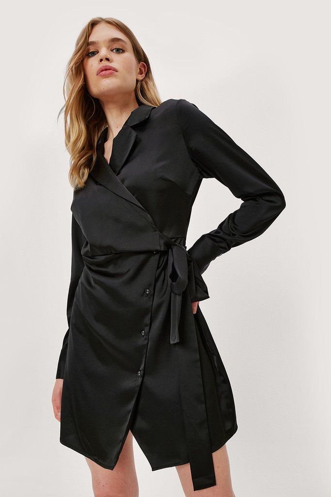 Womens Button Wrap Mini Plain Satin Shirt Dress - Black - 8, Black
