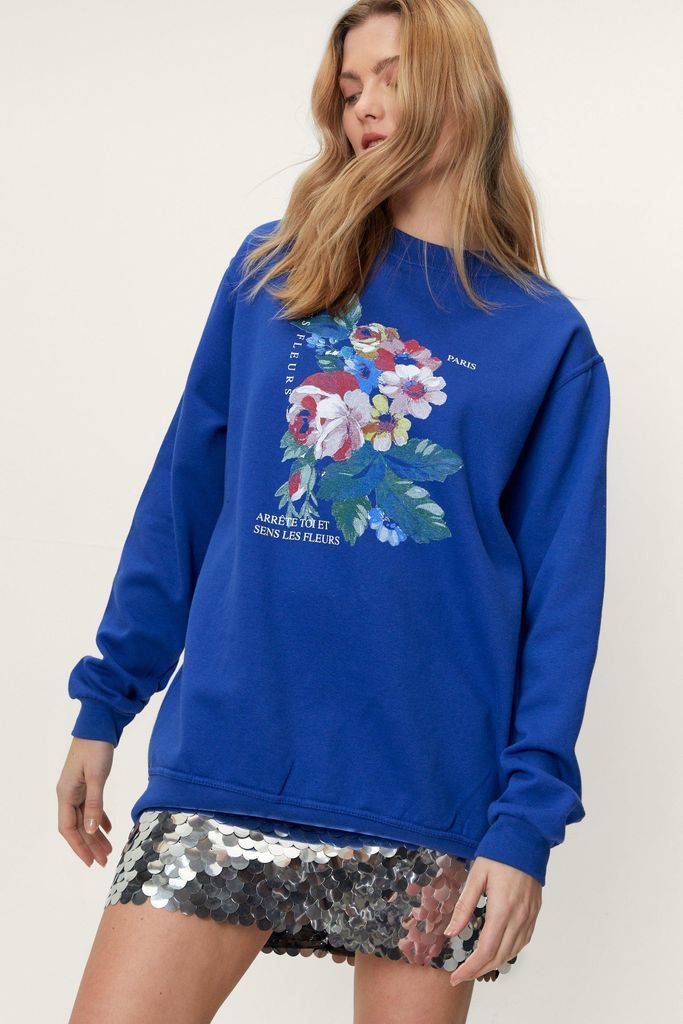 Womens Floral Graphic Oversized Sweatshirt - Blue - S, Blue