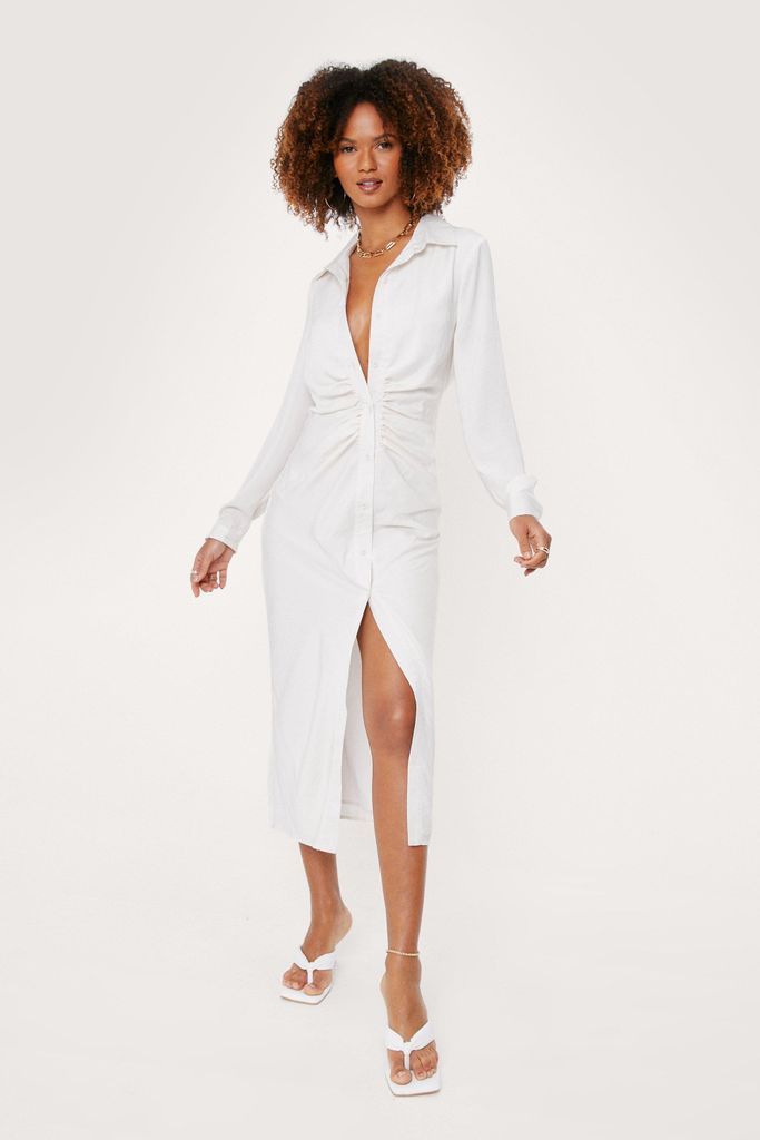 Womens Ruched Long Sleeve Midi Shirt Dress - White - 6, White