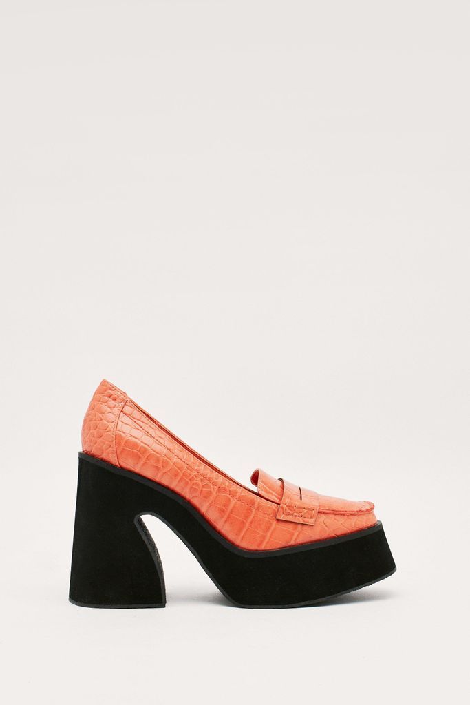 Womens Pu Croc Platform Flare Heel Loafers - Orange - 4, Orange