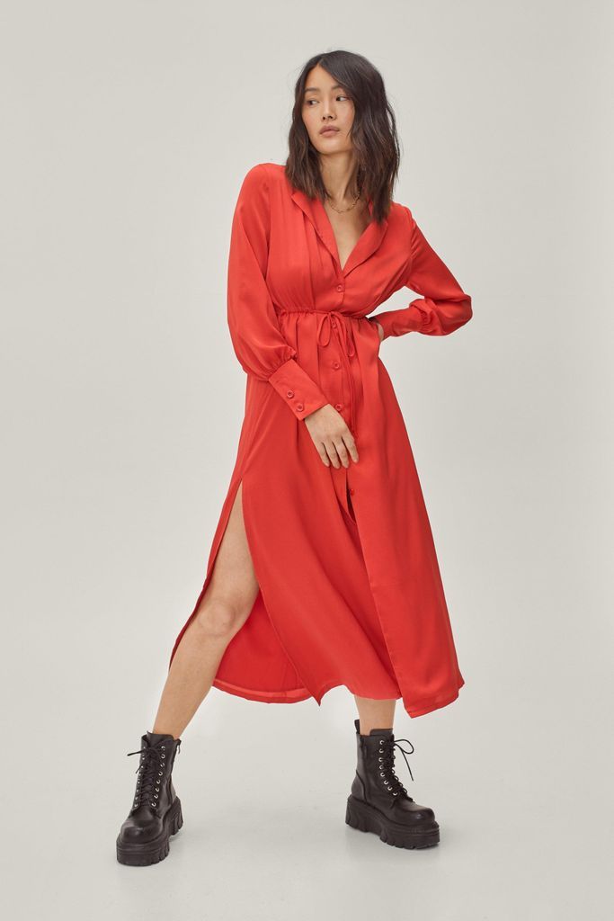 Womens Tie Waist Plunge Midi Shirt Dress - Red - 8, Red