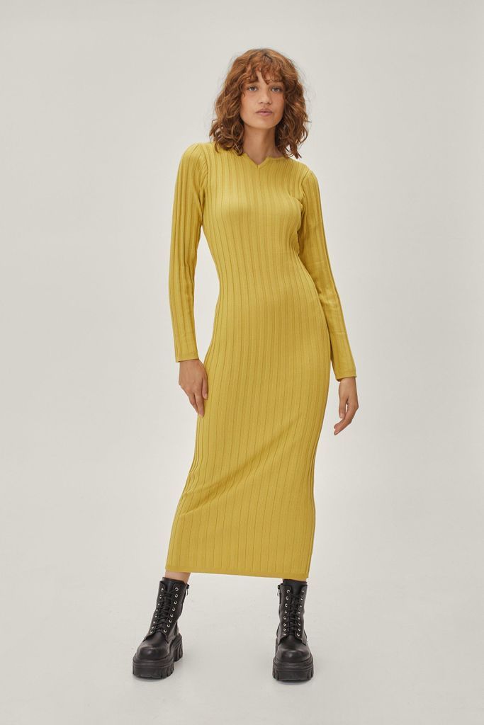 Womens Notch Neck Ribbed Knitted Midi Dress - Yellow - 6, Yellow
