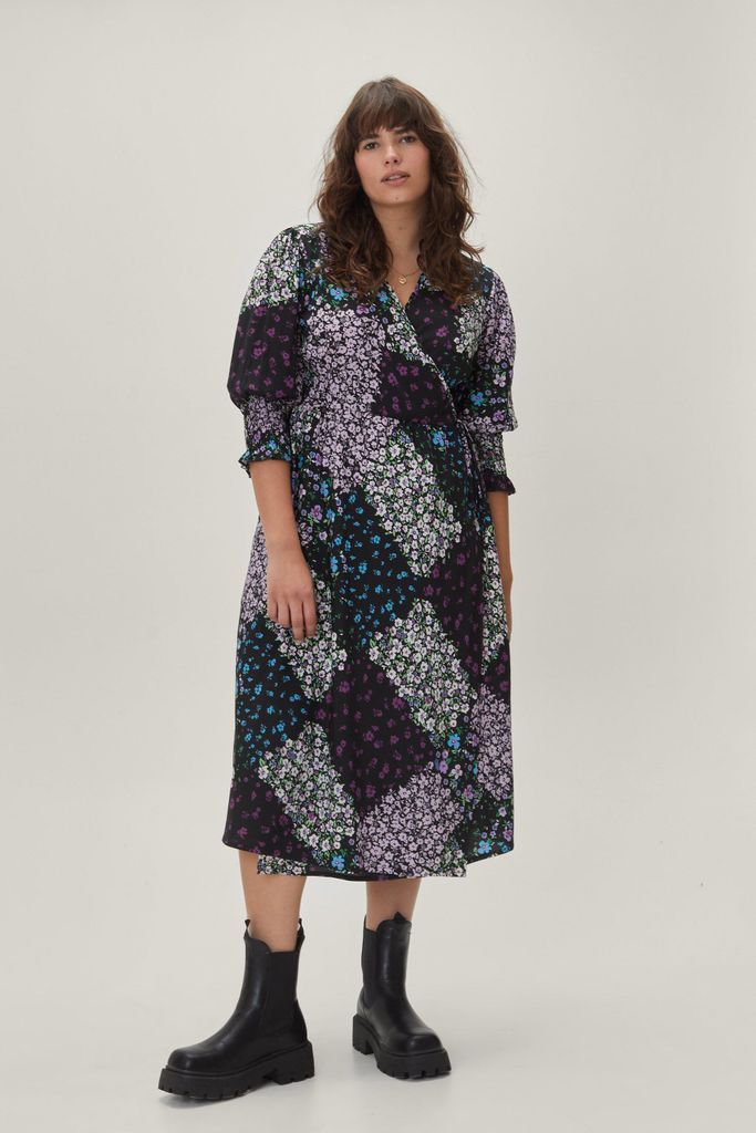 Womens Plus Size Floral Patchwork Print Wrap Dress - Purple - 16, Purple