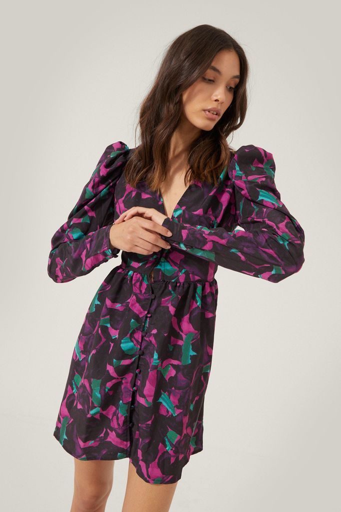 Womens Puff Sleeve V Neck Mini Dress In Print - Purple - 8, Purple
