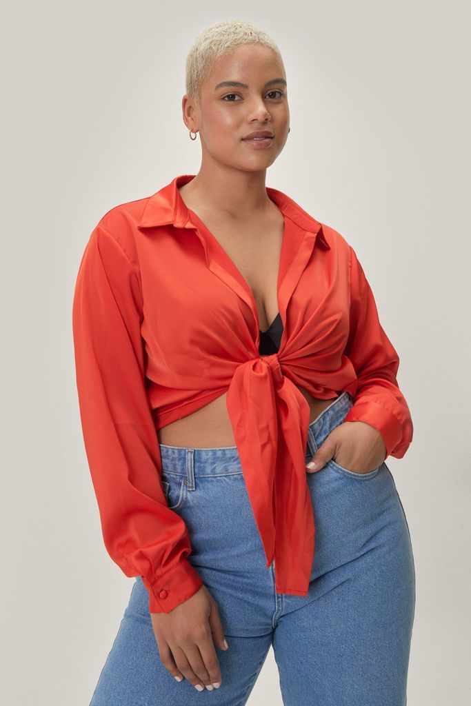Womens Plus Size Satin Tie Front Cropped Shirt - Orange - 16, Orange