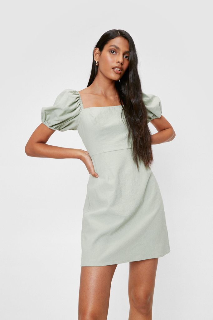 Womens Puff Sleeve Linen Look Mini Dress - Green - 10, Green
