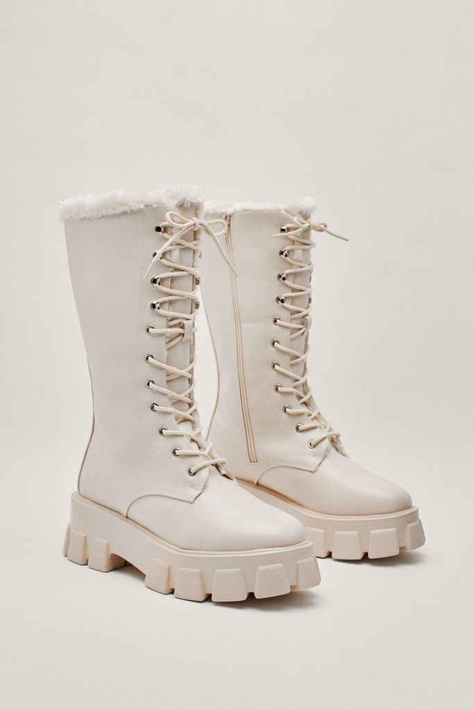 Womens Faux Shearling Lined Chunky Biker Boots - Cream - 8, Cream
