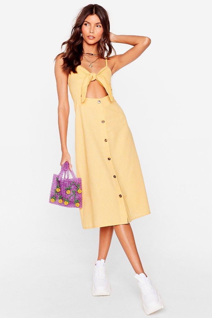 Womens Cut Out Bow Linen Midi Dress - Yellow - S, Yellow