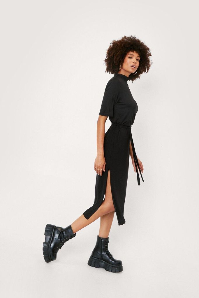 Womens Belted High Neck Slit Midi Dress - Black - 8, Black