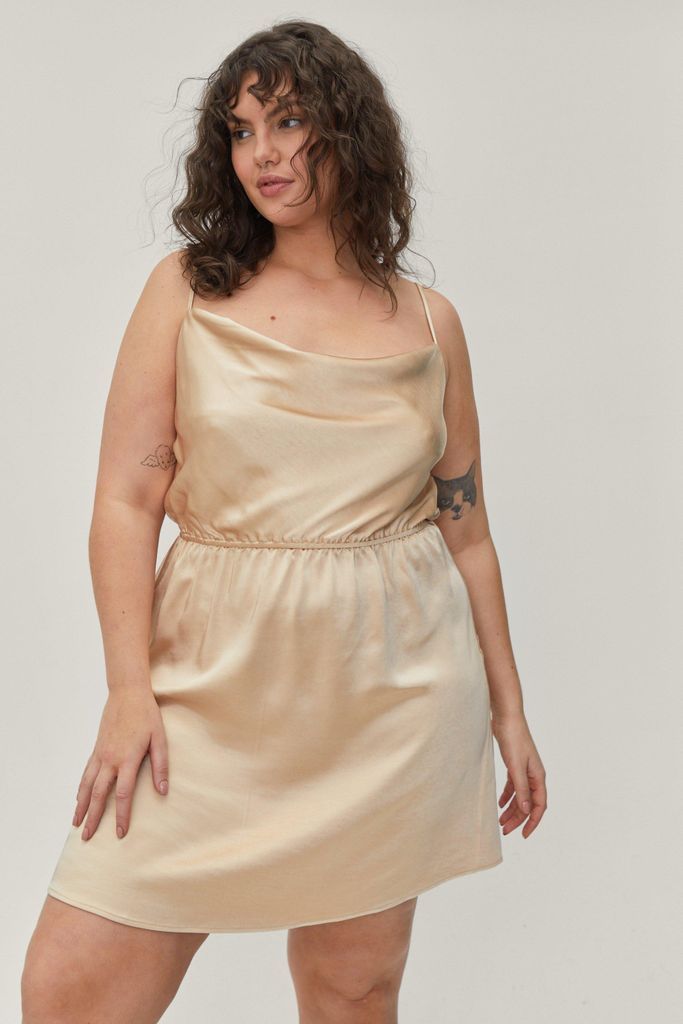Womens Plus Size Cowl Neck Satin Mini Dress - Beige - 16, Beige