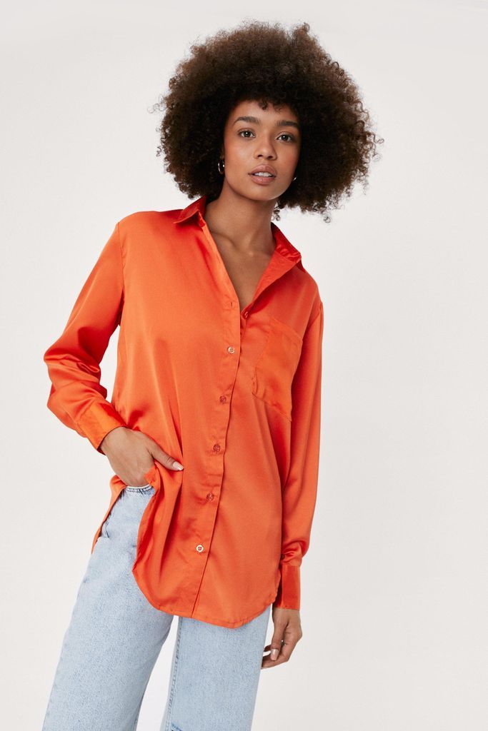Womens Oversized Long Sleeve Satin Shirt - Orange - 10, Orange