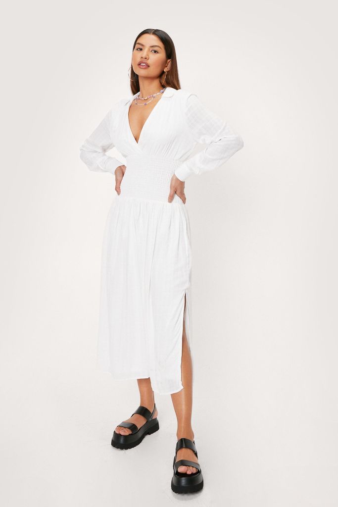 Womens Check Design Shirred Panel Midi Tea Dress - White - 4, White