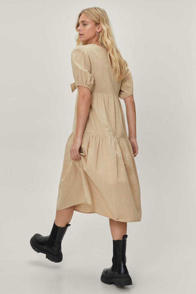 Womens Tie Front Puff Sleeve Cotton Midi Dress - Beige - 10, Beige