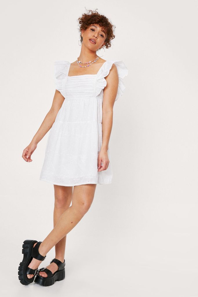 Womens Embroidered Pleated Bust Mini Smock Dress - White - 6, White