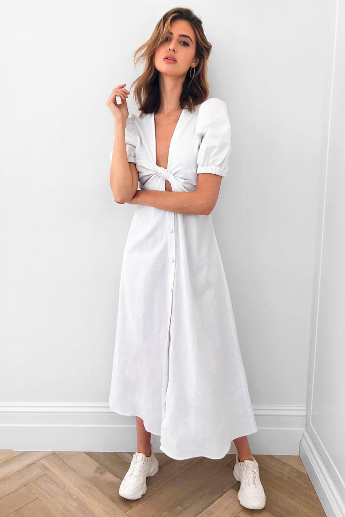 Womens Cut Out V Neck Button Maxi Dress - White - 8, White