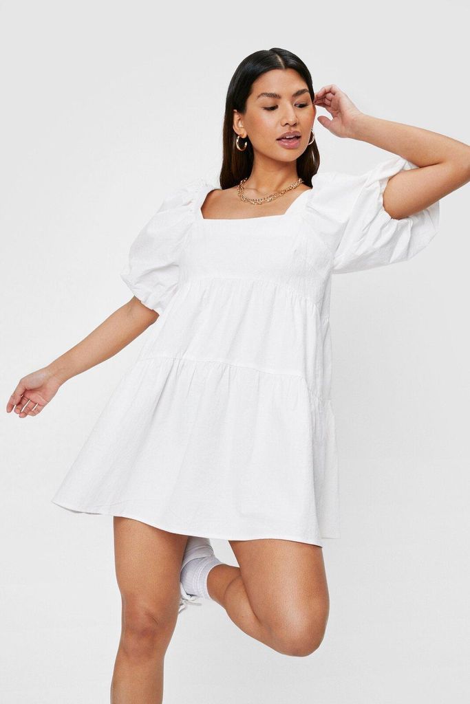 Womens Linen Look Puff Sleeve Smock Mini Dress - White - 8, White