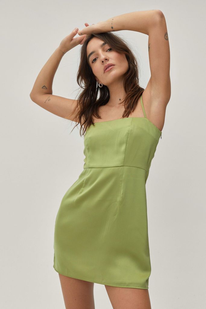 Womens Petite Heavy Satin Coord Mini Dress - Green - 6, Green