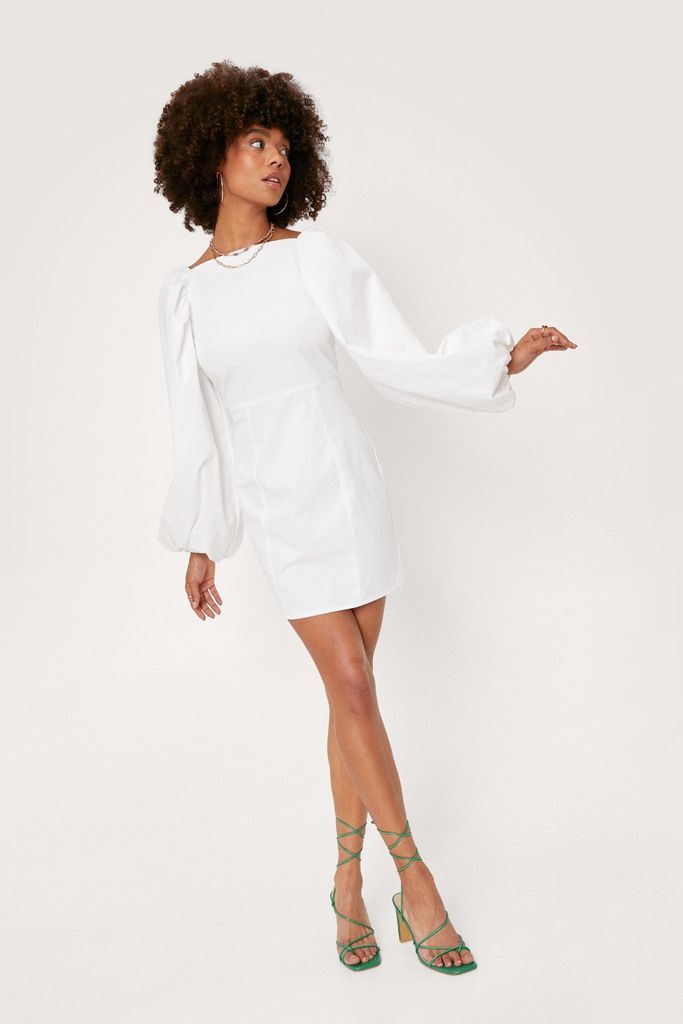 Womens Puff Sleeve Backless Bodycon Mini Dress - White - 6, White