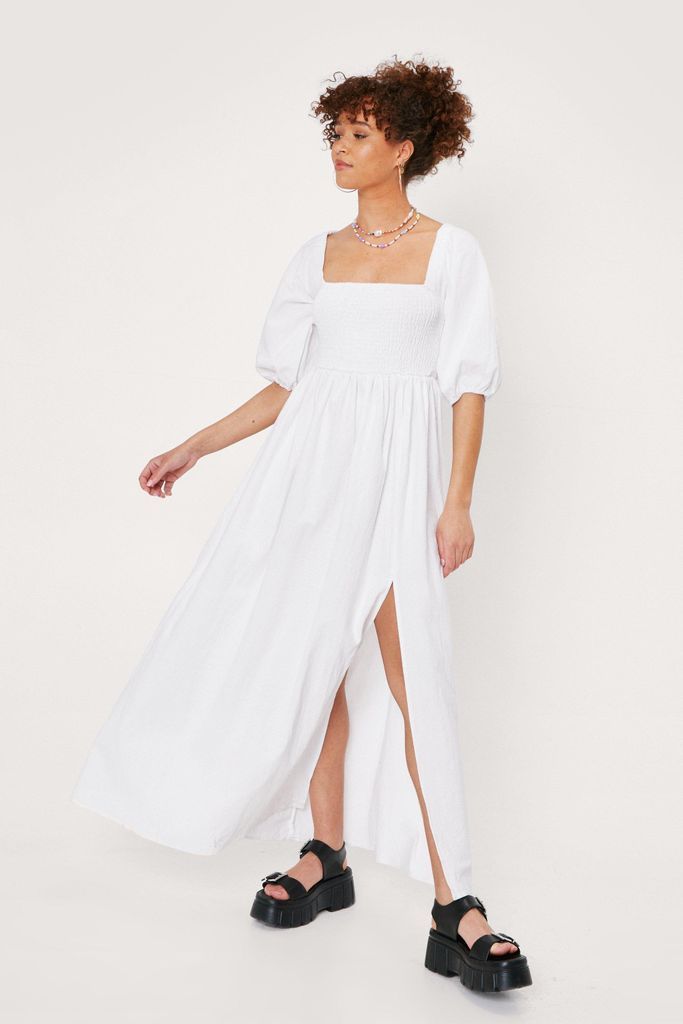 Womens Shirred Bust Puff Sleeve Maxi Dress - White - 8, White