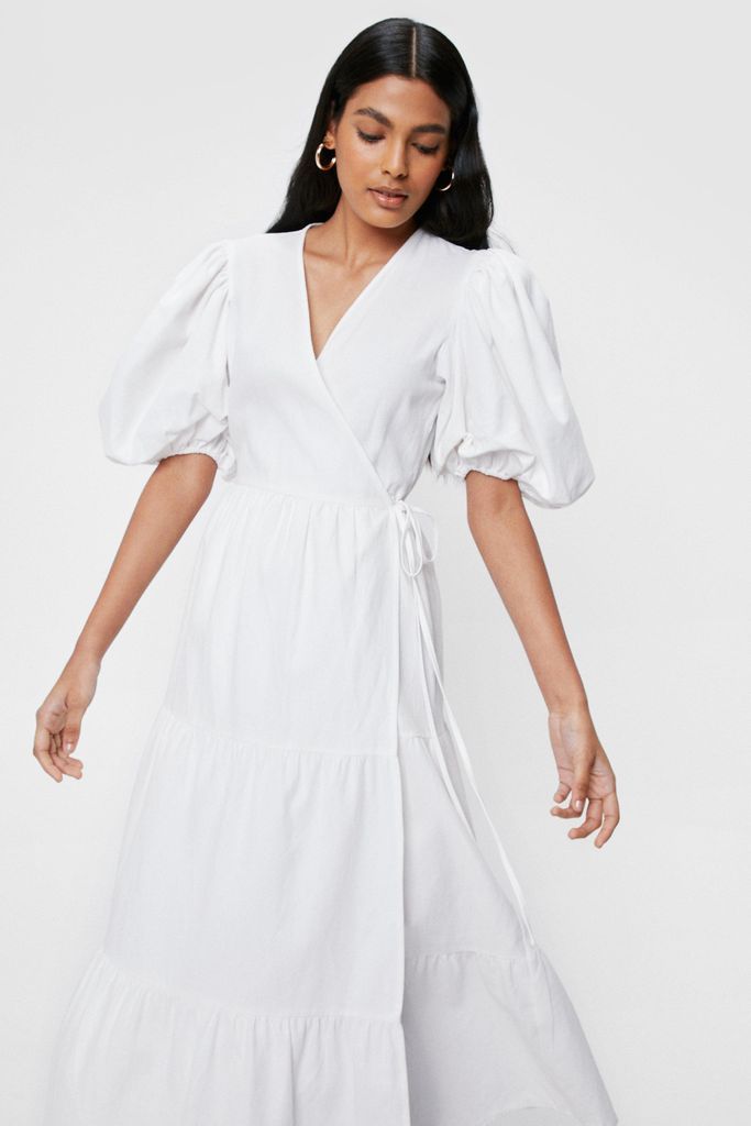 Womens Linen Look Puff Sleeve Wrap Midi Dress - White - 6, White
