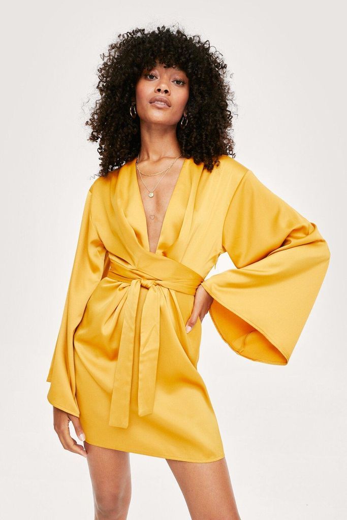 Womens Satin Wide Sleeve Tie Front Mini Dress - Yellow - 8, Yellow
