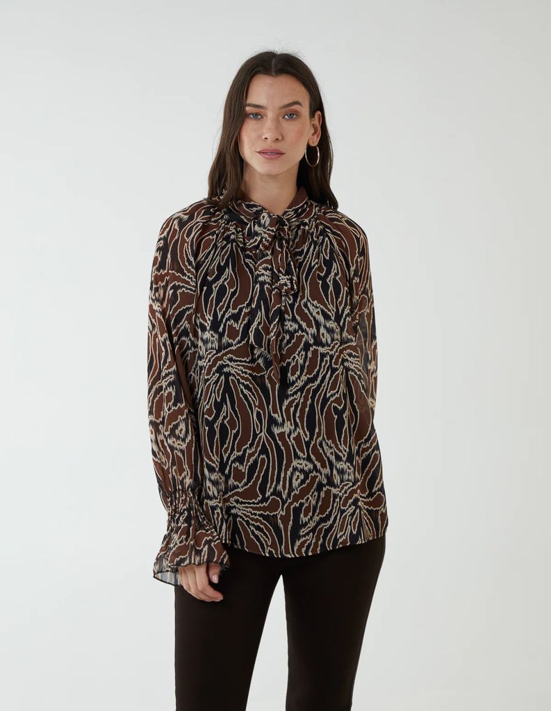 Tie Neck Blouse - ONE / BROWN