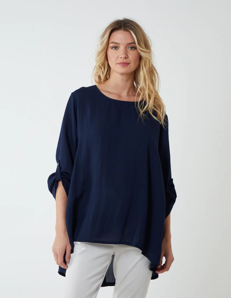 Round Neck Button Sleeve Blouse - ONE / NAVY