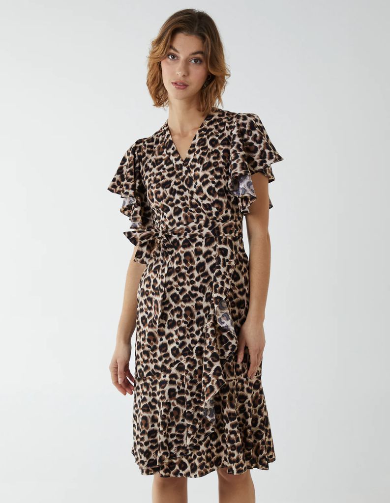 Leopard Print Wrap Ruffle Midi Dress - 12 / Animal