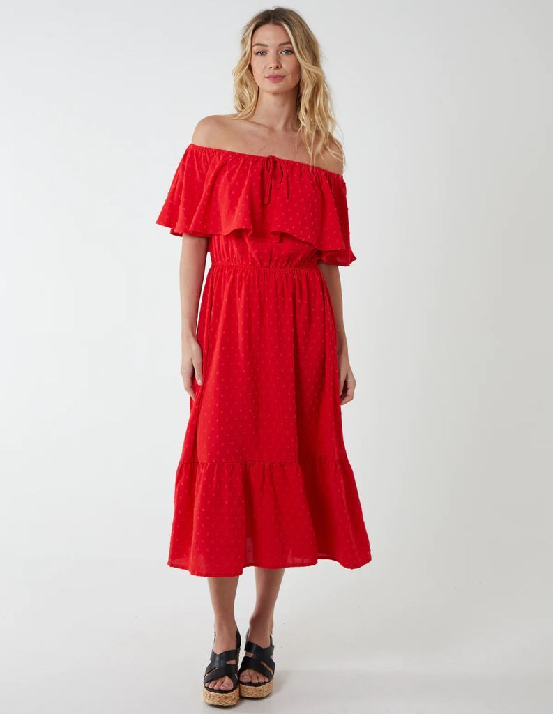 Ruffle Bardot Midi Dress - 8 / RED