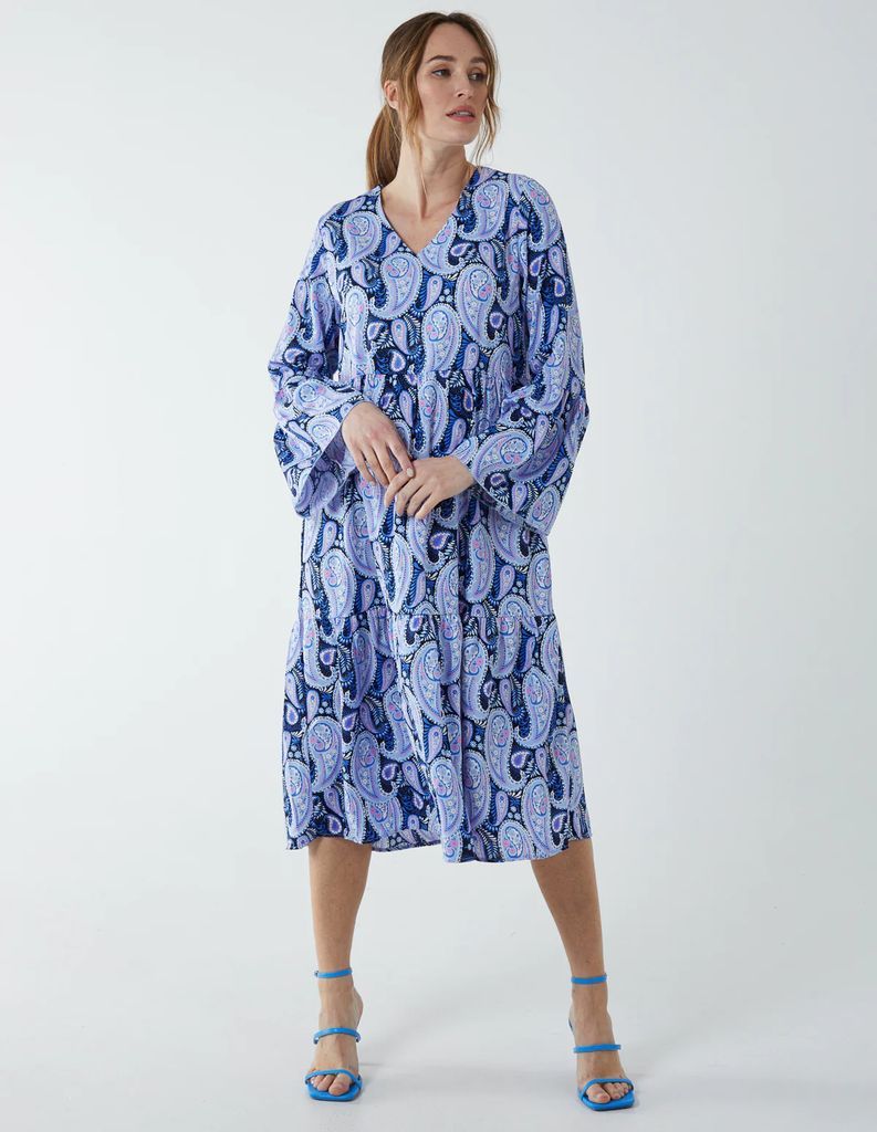 Paisley V Neck Midi Dress - 8 / BLUE