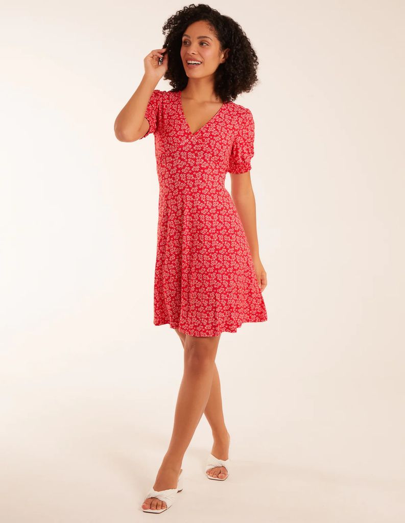 Shirring Cuff Sleeve Tea Dress - 8 / RED