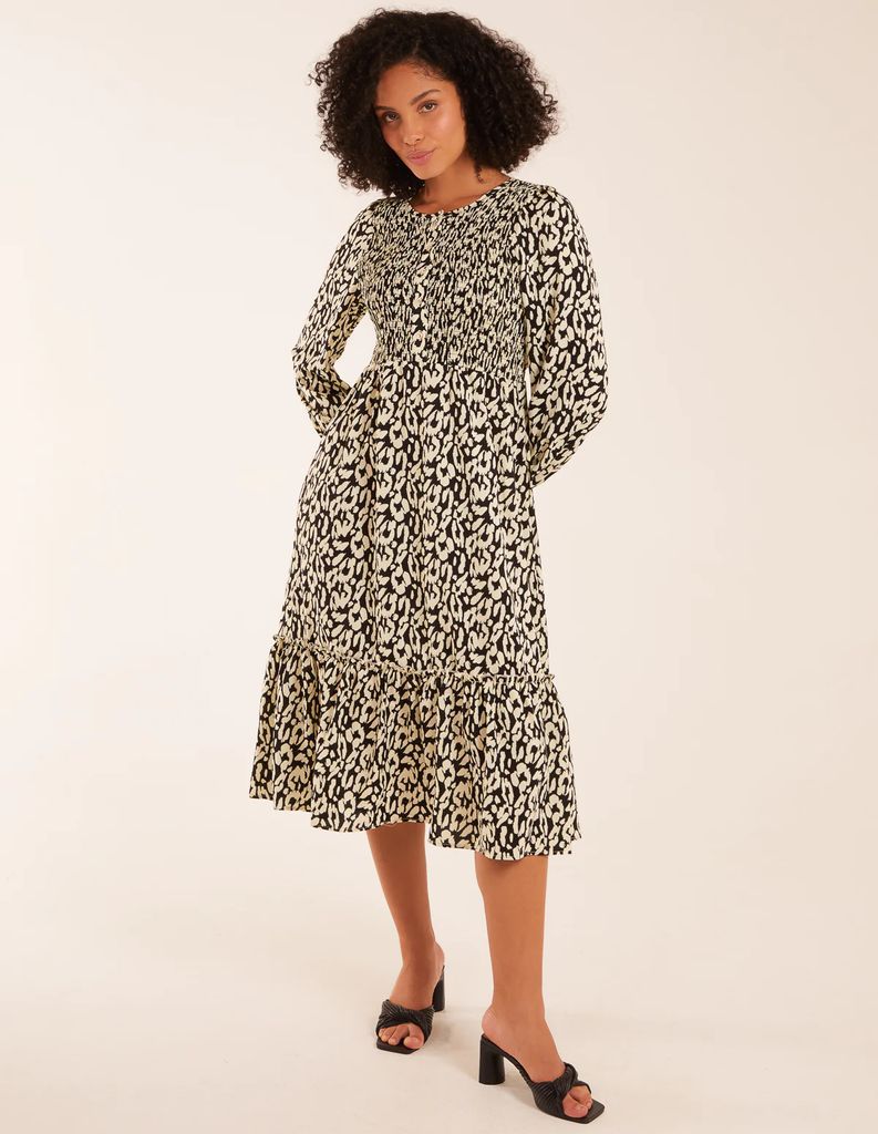 Animal Print Shirred Long Sleeve Midi Dress - 8 / BLACK