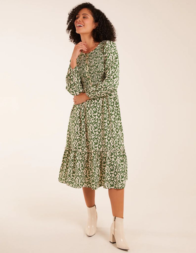 Animal Print Shirred Long Sleeve Midi Dress - 8 / GREEN