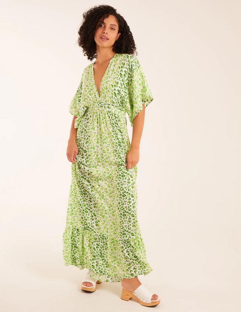Elasticated Waist Tier Hem Angel Sleeve Maxi Dress - S / GREEN